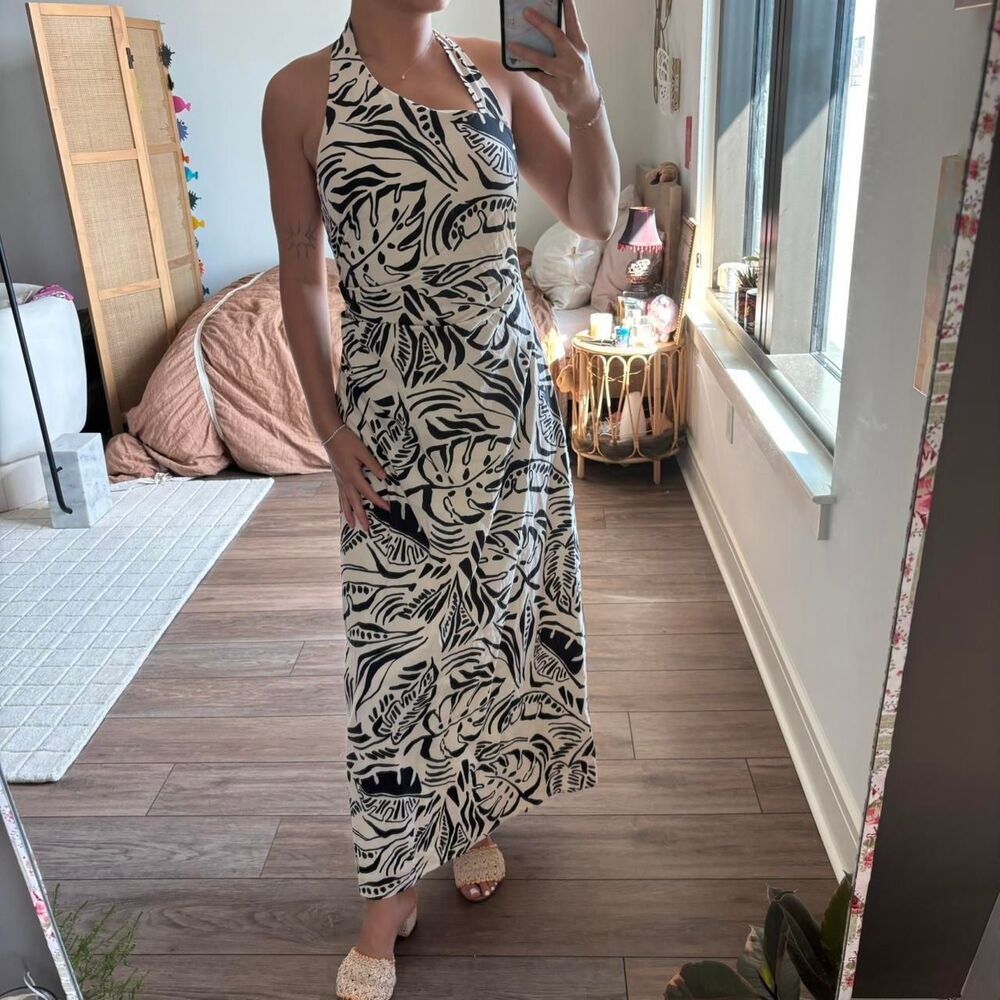 runaway the label resort leaf botanical printed cotton halter maxi dress medium